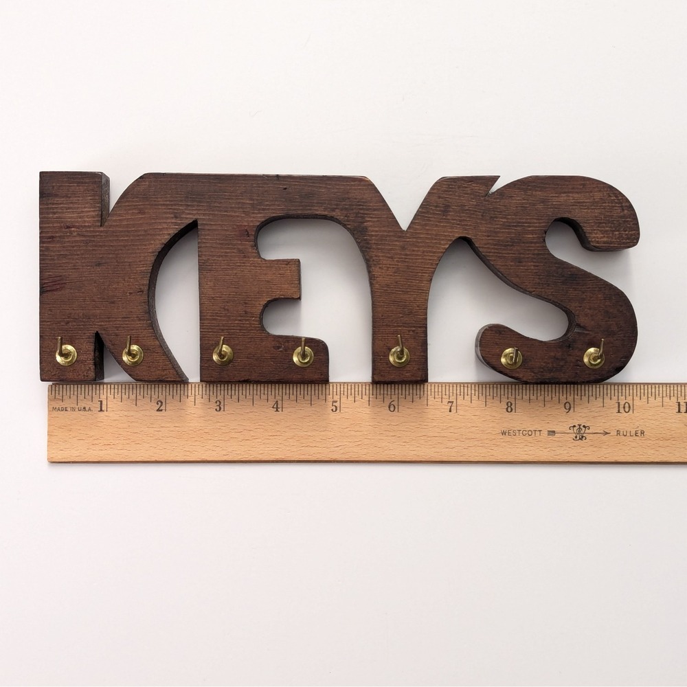Vintage Wood Keys Word Sign w/Brass Hooks Holder Wall Rack Rustic MCM - Picture 12 of 14